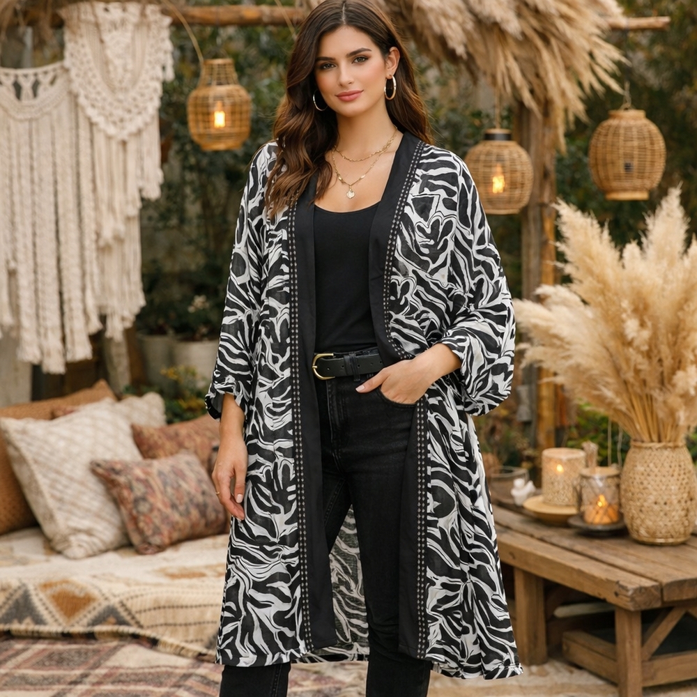 BCBG Black & White Abstract Print Longline Kimono Duster Cover Up  One Size Boho
